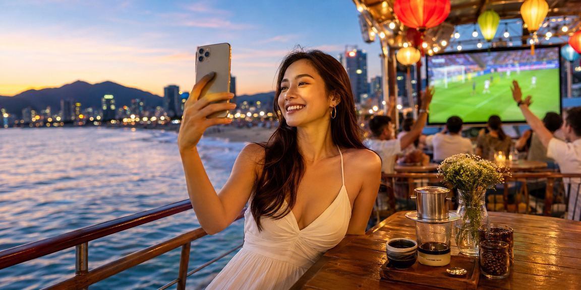 Người hâm mộ bóng đá Đà Nẵng thưởng thức cà phê và theo dõi trận đấu qua thiết bị di động