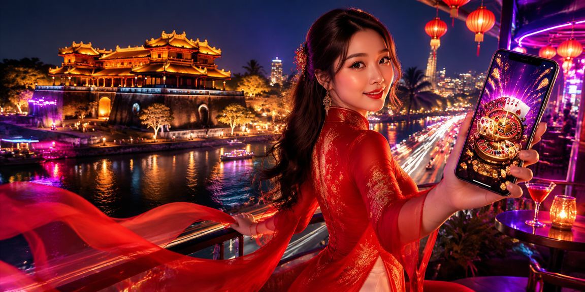 Người dùng tại Huế truy cập casino trên điện thoại trong trang phục áo dài truyền thống