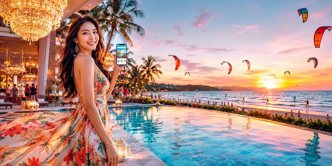 Không khí lễ hội khuyến mãi hoàn tiền tại Mũi Né với cảnh biển rực rỡ